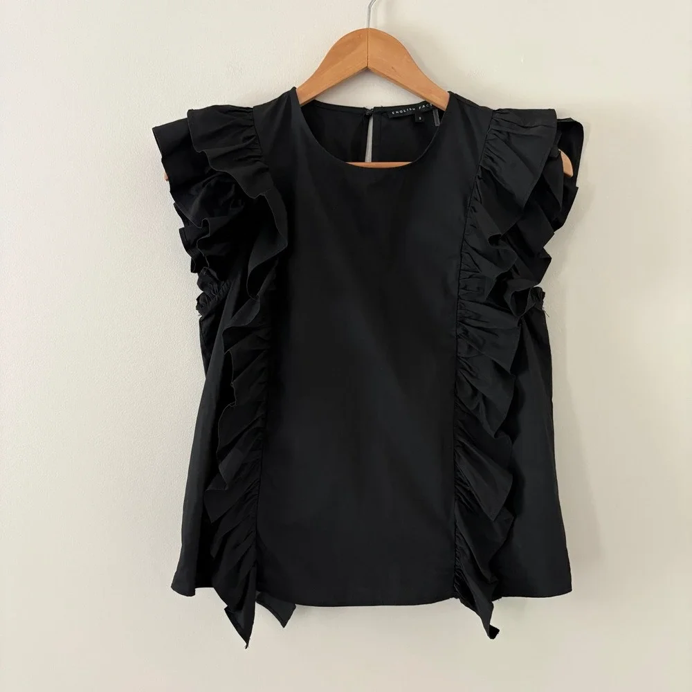 English Factory Betty Poplin Blouse S Black Ruffle Flutter Sleeve Cotton Boxy - Picture 1 of 8